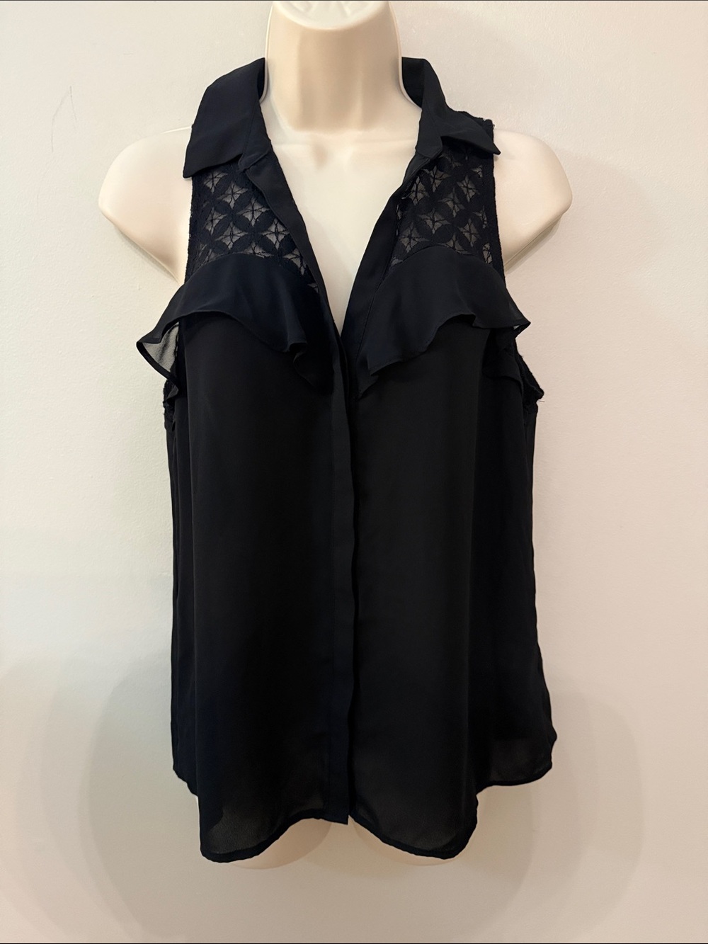 Candie's Black Sleeveless Ruffle Lace Collared Blouse Semi-sheer